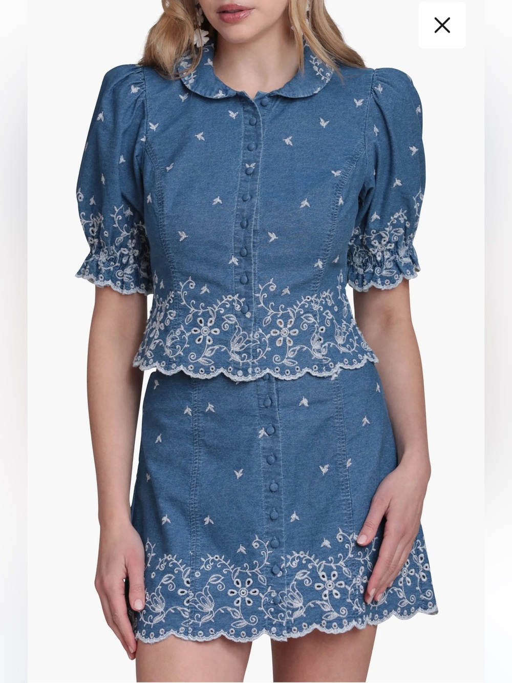 Avec Les Filles embroidered denim matching set, puff sleeve top and skirt